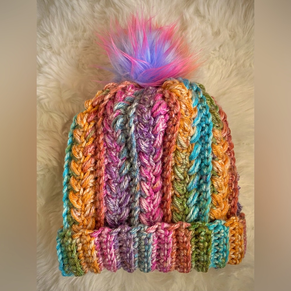 Crocheted Toddler/children’s colorful and fun rainbow winter hat with pom pom